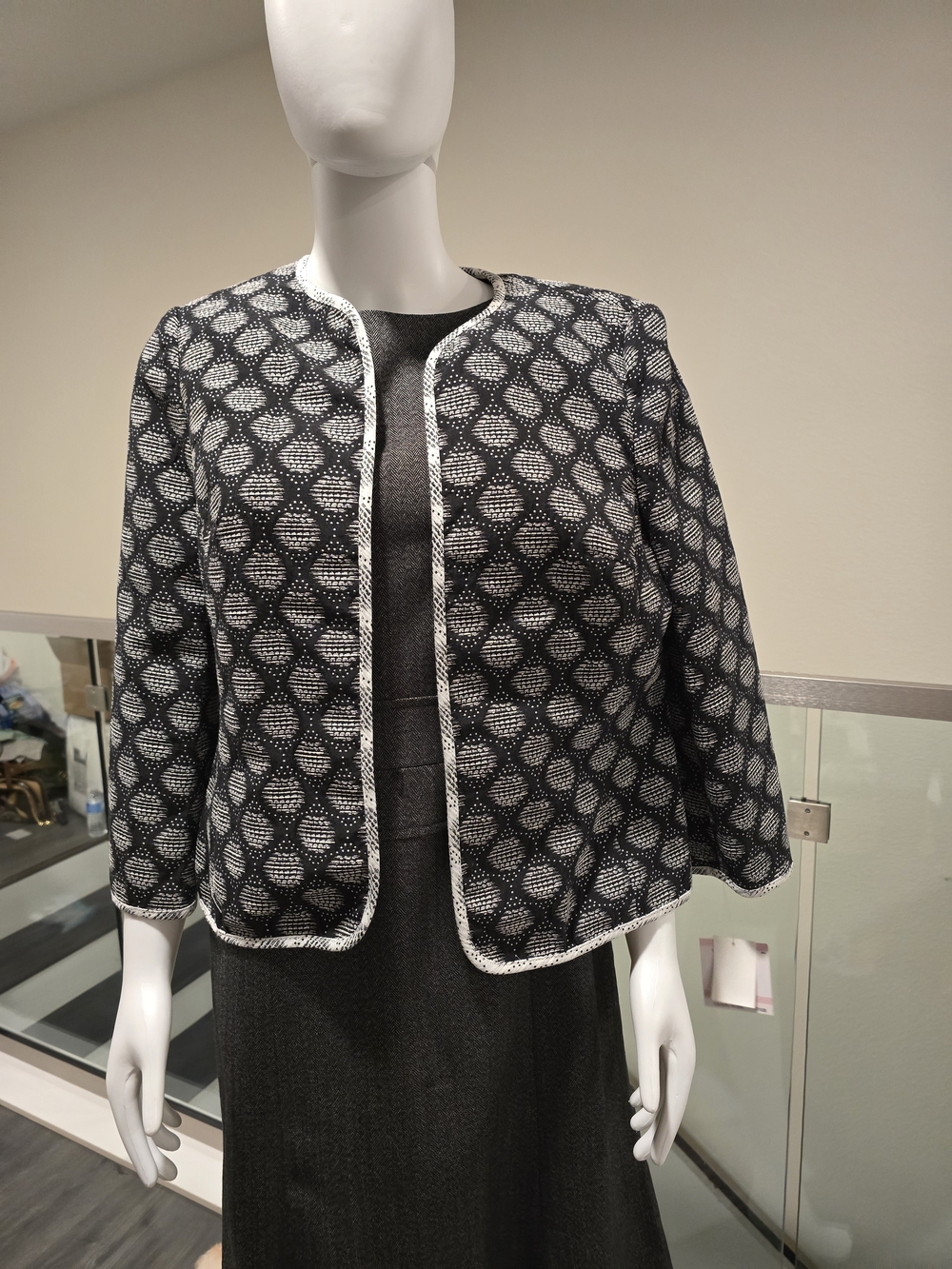 Women's Black & White Patterned Open Front Jacket